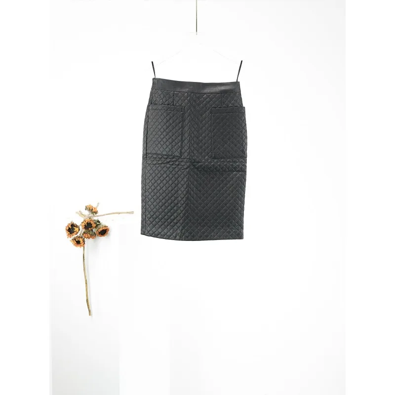 TAJIYANE Genuine Sheepskin Leather Skirt Woman Black Diamond Check Women's Skirts Thin Cotton Lined Sheath Skirts 2026 Woman 치마