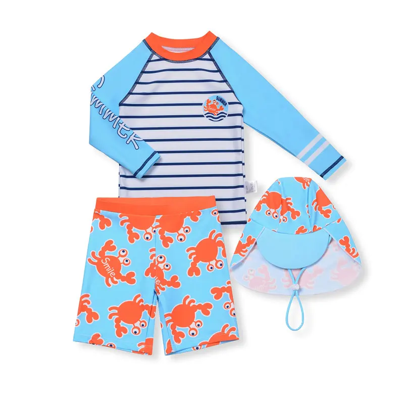 Striped Crab Boy's Boy Swimwear Long Sleeve Three Pieces Set Sun Protection Children SwimSuit Cartoon Split Swimsuit