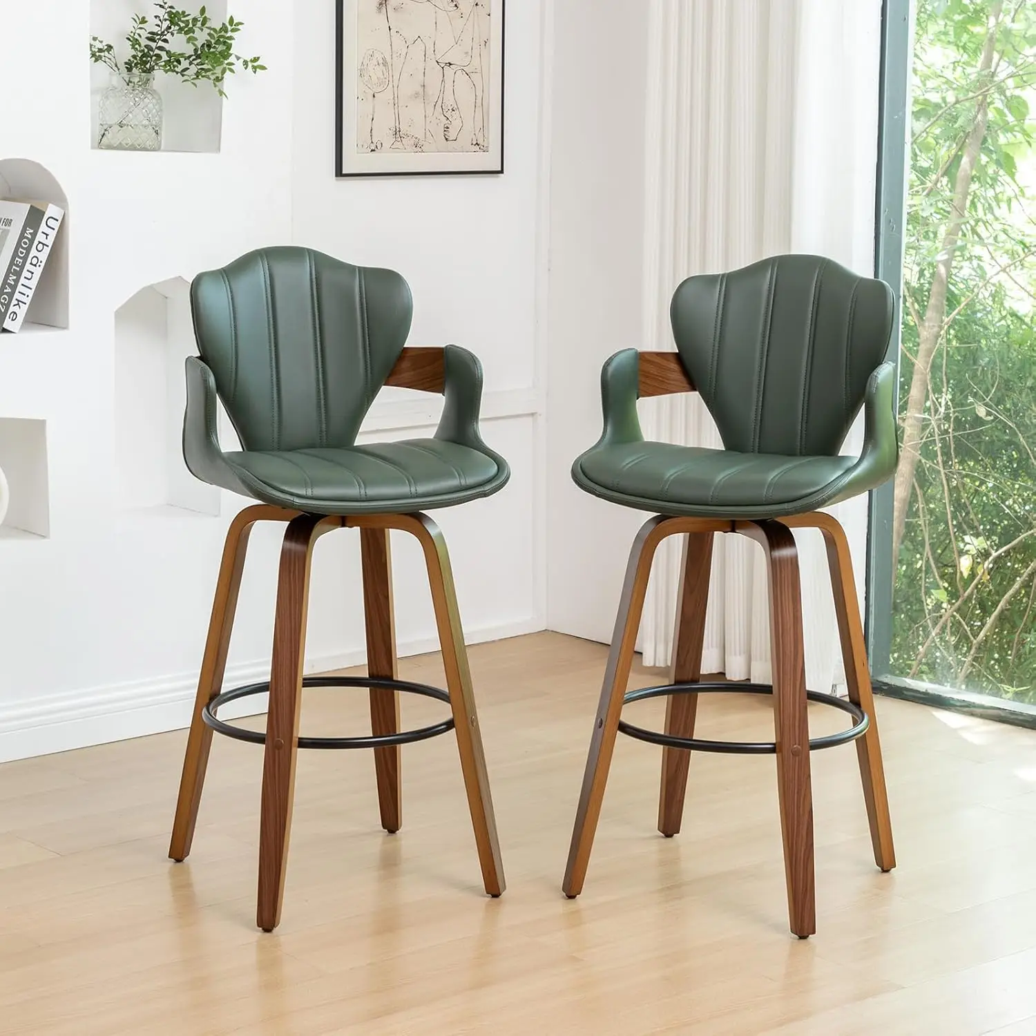 

26" Swivel Bar Stools 2Pk Mid Century Green Faux Leather Counter Height with Arms Fishtail Back Walnut Frame,Customized
