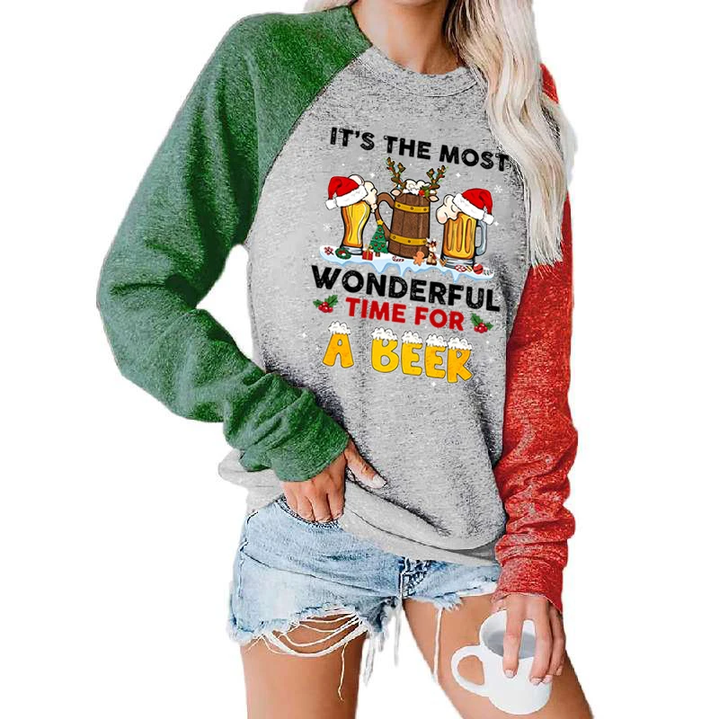 

Winter Autumn Ladies Long Sleeve Tops Christmas It's The Most Wonderful Time For A Beer Print Shirts Round Neck Loose Tee Shirts