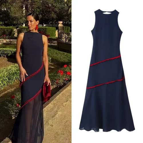 Tidalyf 2025 Vestido sin espalda con bloques de color para mujer, sin mangas, cuello redondo, con ribete de flecos y dobladillo de gasa transparente, traje de fiesta sexy