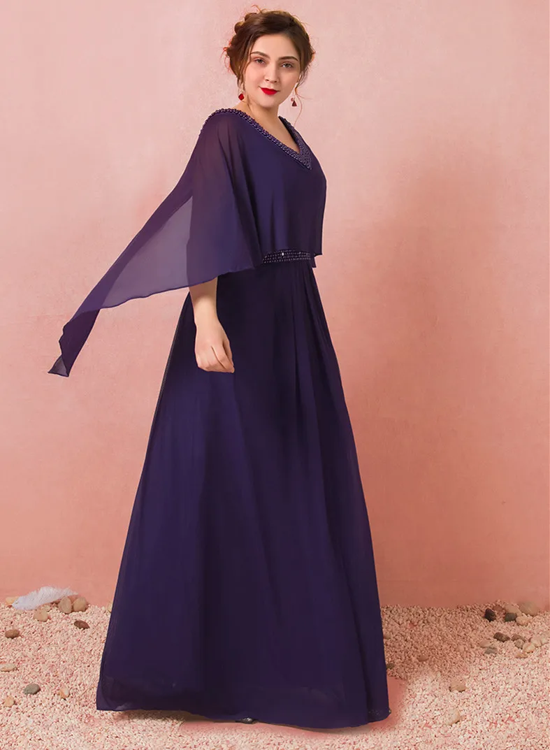 Vestido de noite formal personalizado para noiva e mãe, Vestido de banquete de chiffon frisado, tamanho positivo, vestido roxo do convidado