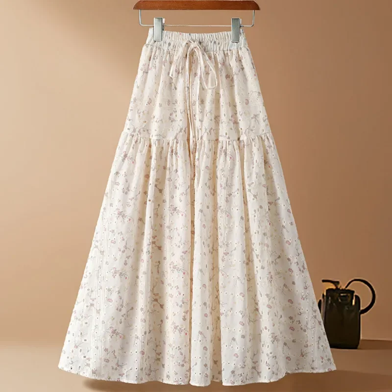 Lente Zomer Prairie Chic Borduren Bloemen Katoenen Rok Vrouwen Nieuwe Mooie Hoge Taille A-lijn Midi Lange Rokken