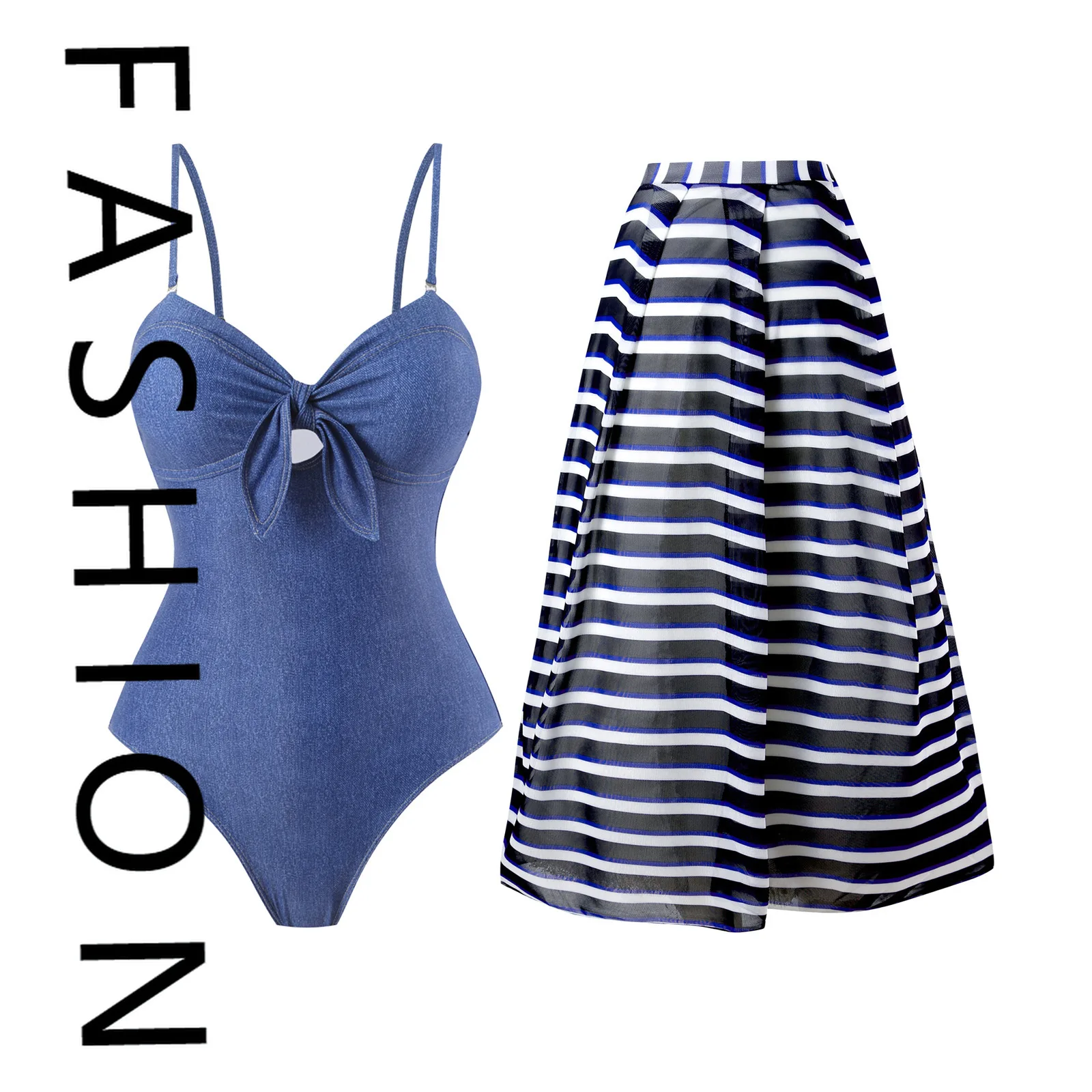 

2025 new sexy bikini one-piece swimsuit mesh skirt wrap skirt denim fashion swimsuit beach gathering conservative belly cover