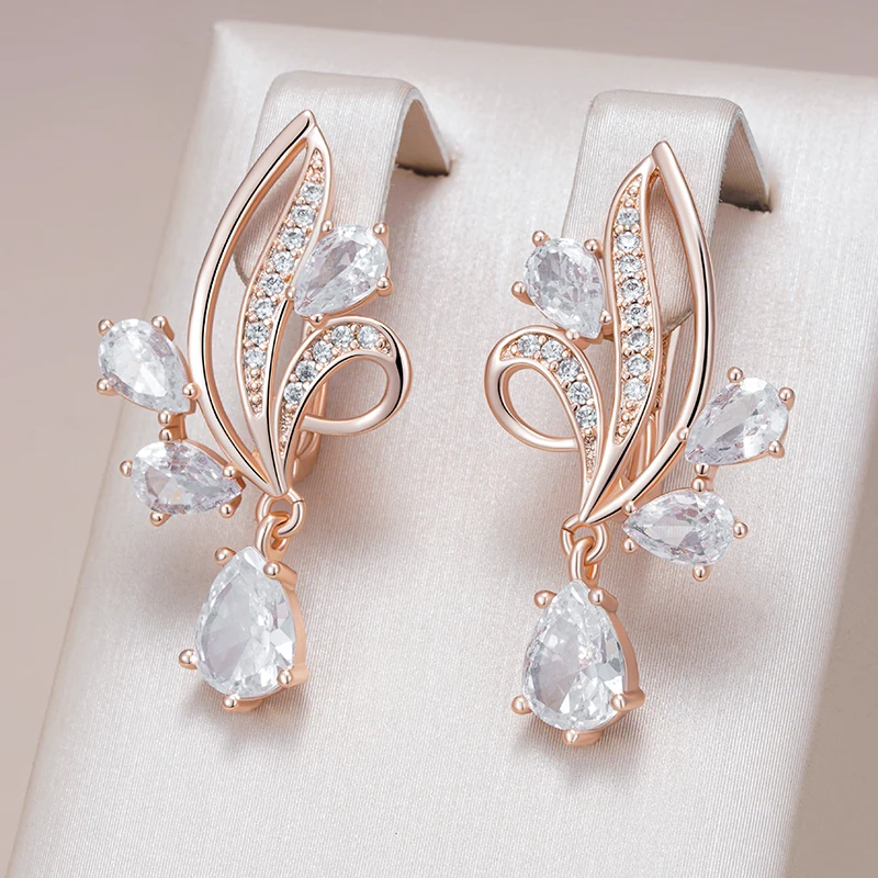 Kinel Hot Shiny Natural Zircon Flower Long Drop Earrings For Women Fashion 585 Rose Gold Color Ethnic Bridal Wedding Jewelry