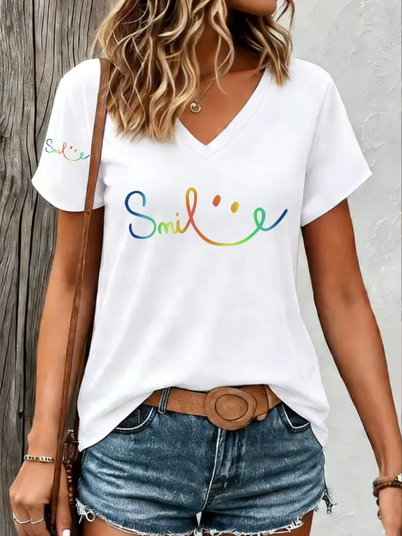 Fashion Gradient Smile Letter 3D printed women's T-shirt for summer comfort V-neck short sleeved daily casual y2k women's top