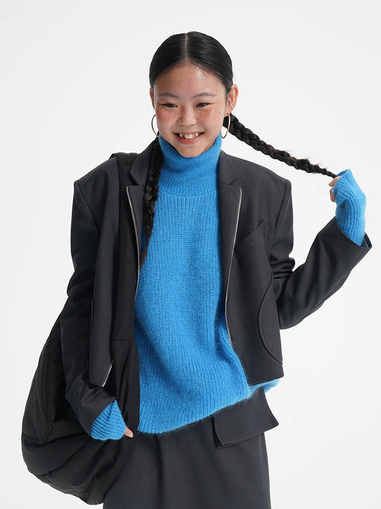 

Dosordonts ey Woolen Suit Jaet Zipper Waist Cut Design Sensation Stand Collar Long Sve Women's Faion Spring Outerwear