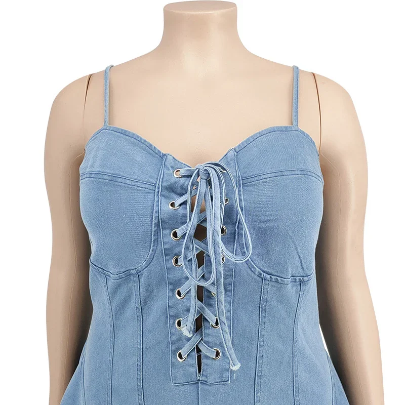 Abito a canotta in denim plissettato con lacci taglie forti Streetwear da donna Abiti corti a trapezio con cerniera sexy senza schienale e orlo con frange