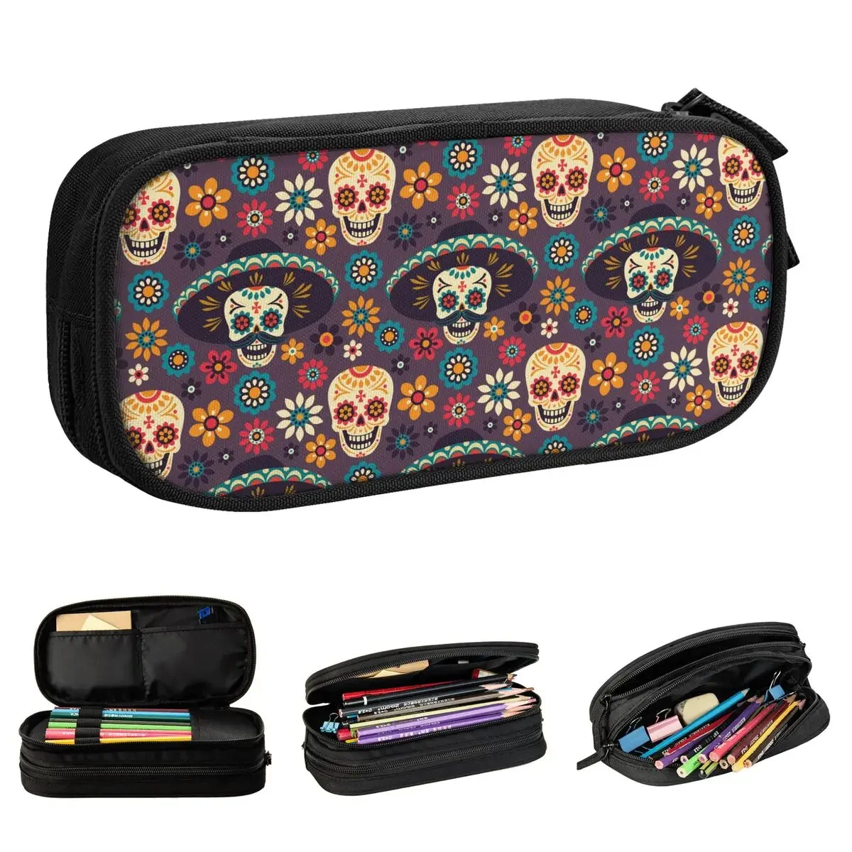 

Day Of The Dead Pencil Cases Sugar Skulls Flowers Halloween Pen Bags Girl Boy Big Capacity School Supplies Cosmetic Pencilcases