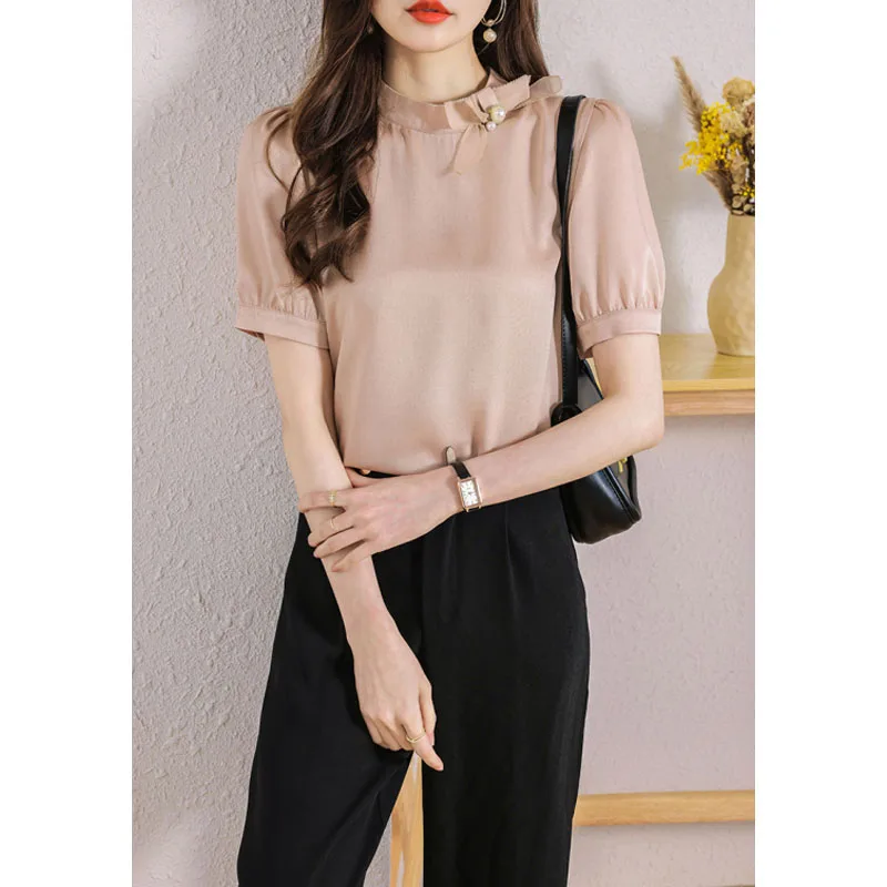 Women\'s 2024 New Summer Pullovers Solid Color Stand Collar Bow Fashion Elegant Loose Casual Versatile Short Sleeve Chiffon Tops