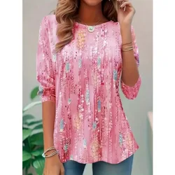 Women's Plus Size Fashion Quarter Sleeved Round Neck T-shirt Ladies Casual Top Spring and Summer Printed Fashionable T-shirt