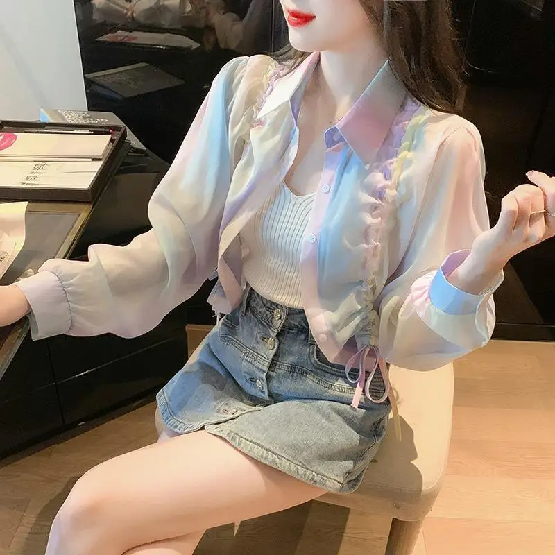 

Shirts & Blouses Vintage Tie Dye Gradient Chiffon Shirt Thin Long Sleeve Sun Protection Coat 2025 New Lapel Neck Blusas Mujer