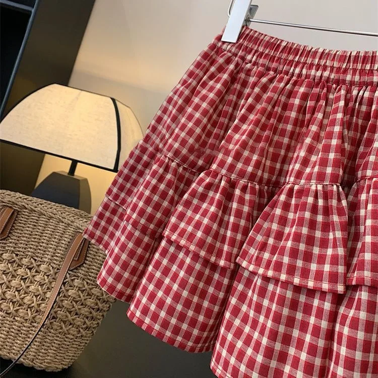 Girls Red Plaid Cake Skirts Children Elastic Infant Babys Ruffle A-line Skirts Kids Bubble Skirt New Toddler Princess Clothes