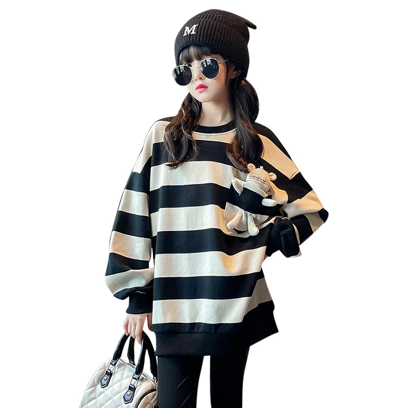 Fashion Child Black White Striped Sweatshirt with Bear Toy for Girls New Spring Clothing Baby Long Sleeve Cotton T-Shirt for Kid