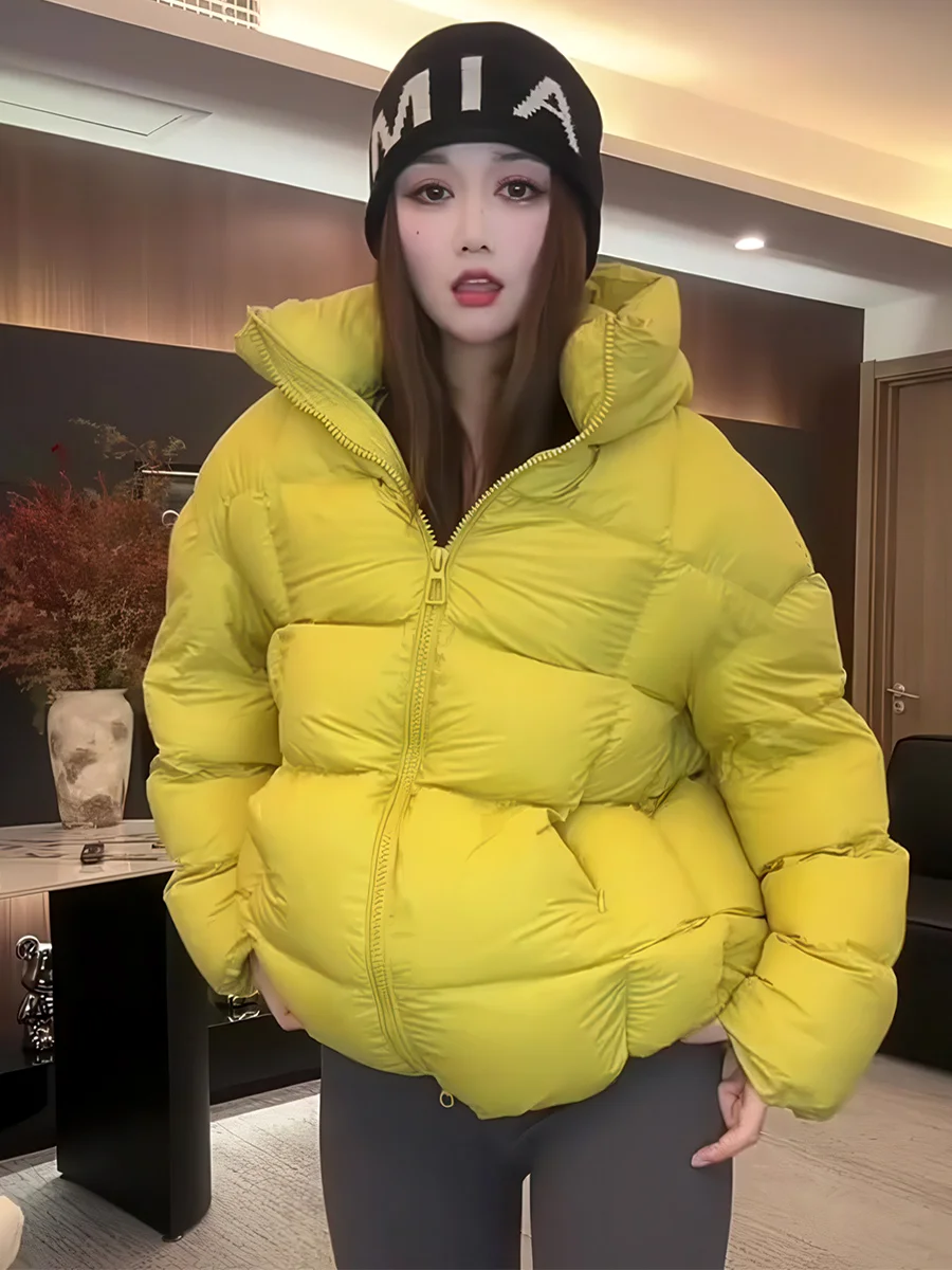 

Dopne Yellow Hooded Puffer Jaet Women's Thiened Warm Cloud Bread Coat Casual Sle Loose Fit Long Sve Zipper Closure
