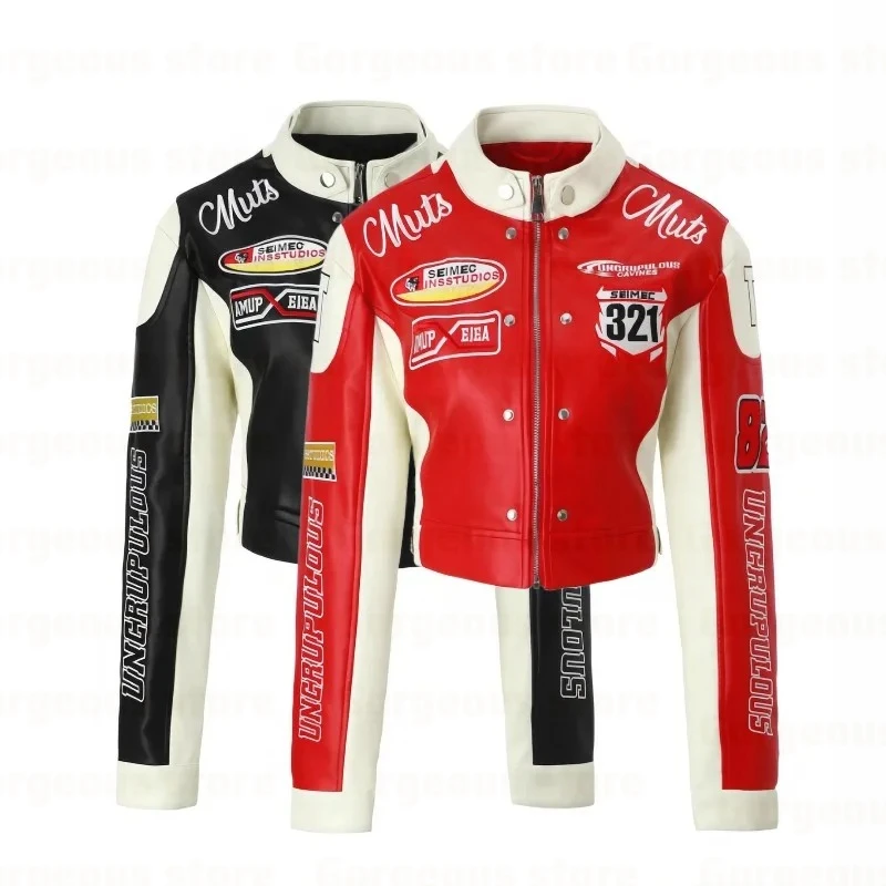 Embroidered PU Leather Racing Jacket Women Luxury Spliced Short Biker Jacket Motorcycle Outerwears Spring Autumn Women Clothes
