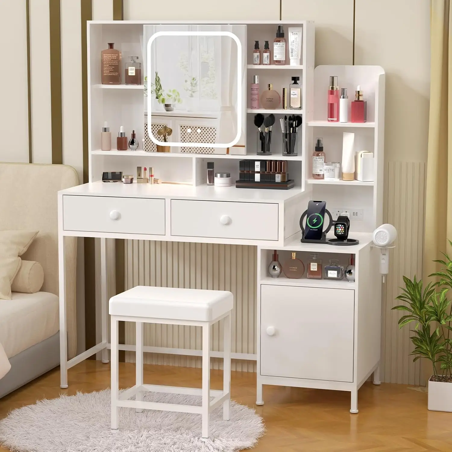 

Туалетный столик с зеркалом и подсветкой, большой туалетный столик для макияжа 47, с раздвижным светодиодным зеркалом, розетка, 11 полков Shorge