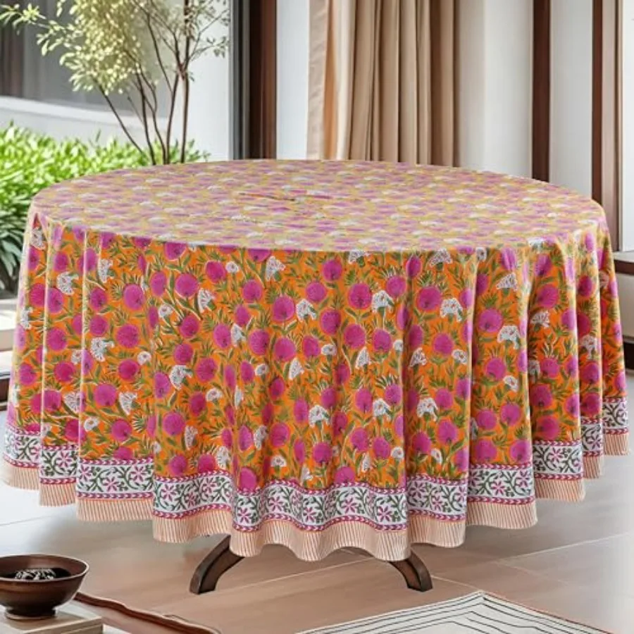

Round Tablecloth H Block Print 100% Cotton Reusable 90 Inch Table Cover Decorative Everyday Use for Dining Home Party Wedding F