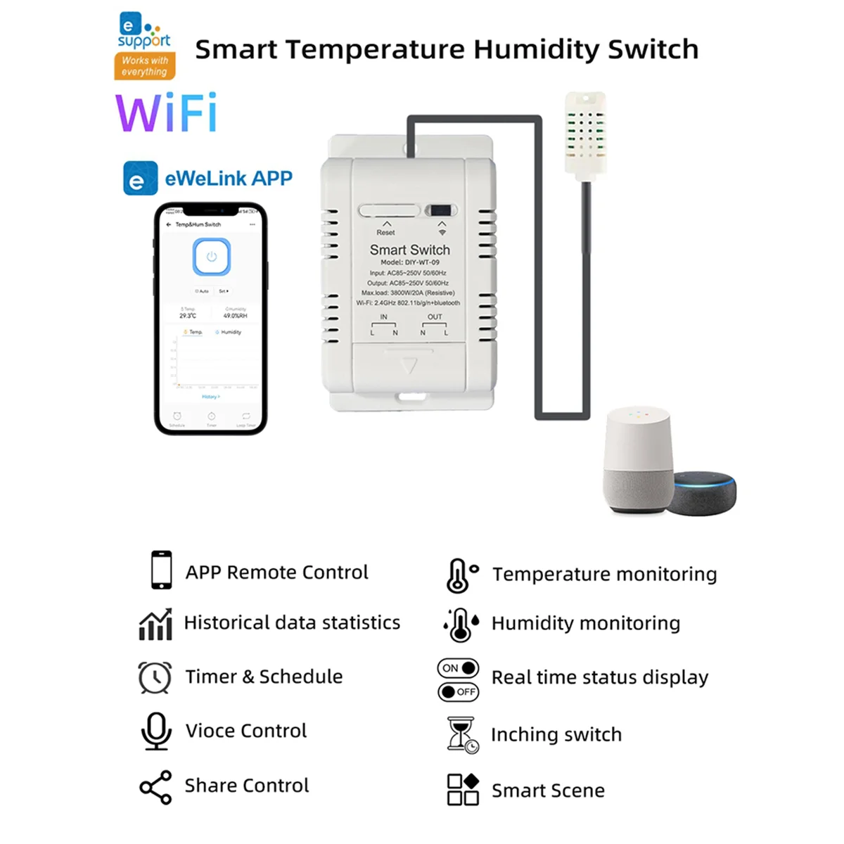 Умный переключатель температуры и влажности с Wi-Fi и датчиком 1 м, переключатель температуры и влажности EWelink 20 А с голосовым управлением