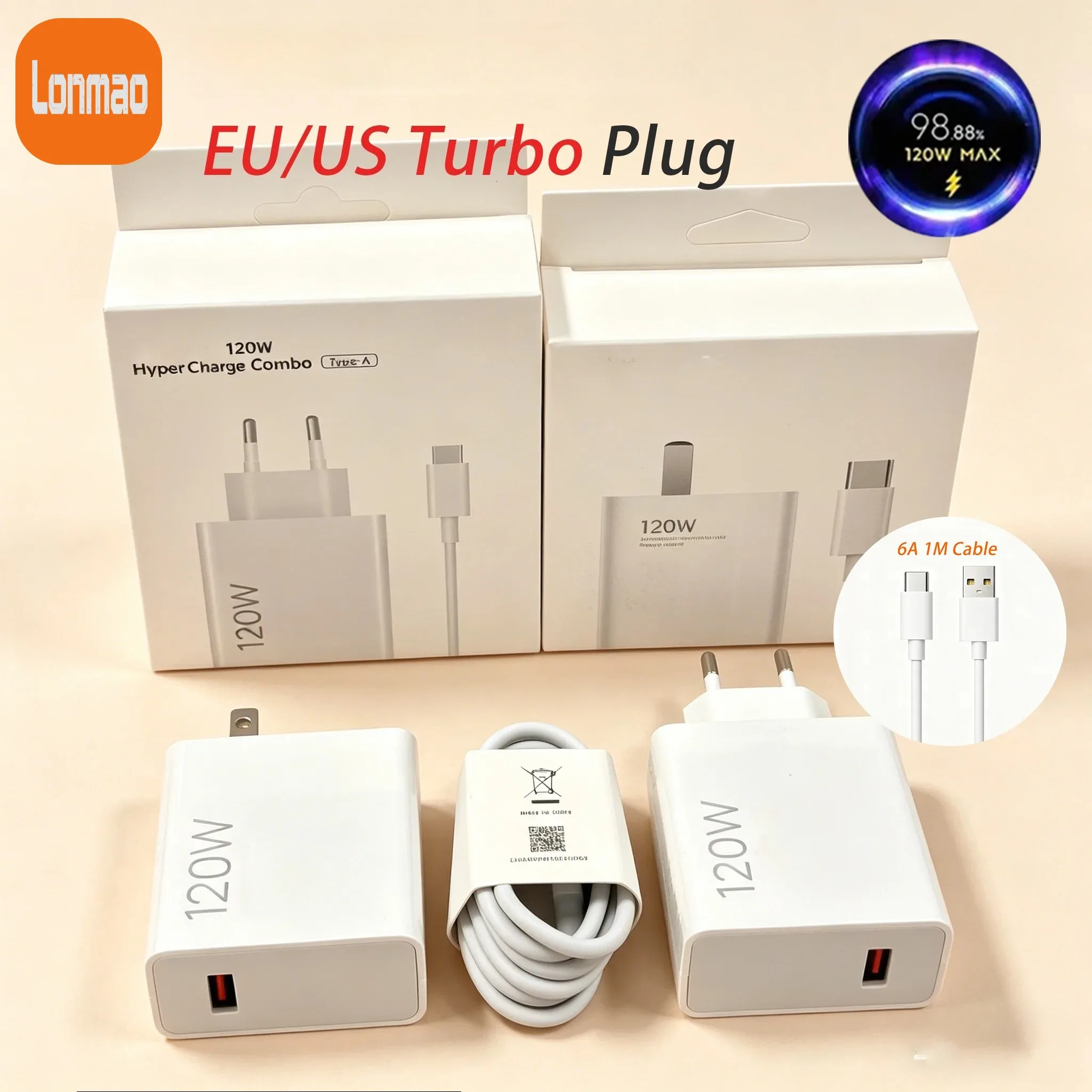 Carregador Turbo Rápido Original Xiaomi 120W EU US com Adaptador USB para Xiaomi 15 14 13 12 POCO X7 X8 F7 F8 Pro Ultra e Cabo Tipo C