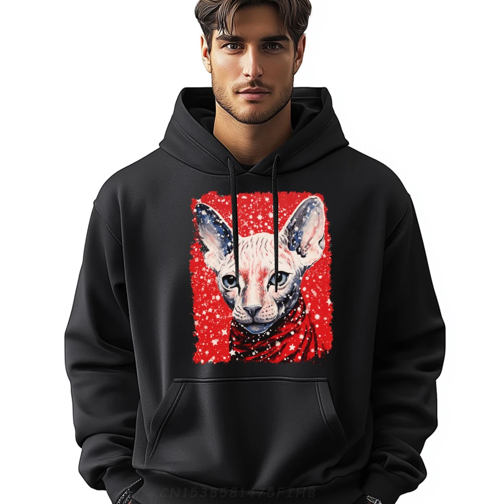 Art Christmas Red Sphynx Hairless Cat Hoodies Men 100℅ Polyester Fiber Oversized Hoodies Men Mardi Gras