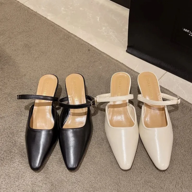 

Women Slippers Fashion Low Heel Sandals Pointed Toe Casual Style Triple Bla Beige NEW