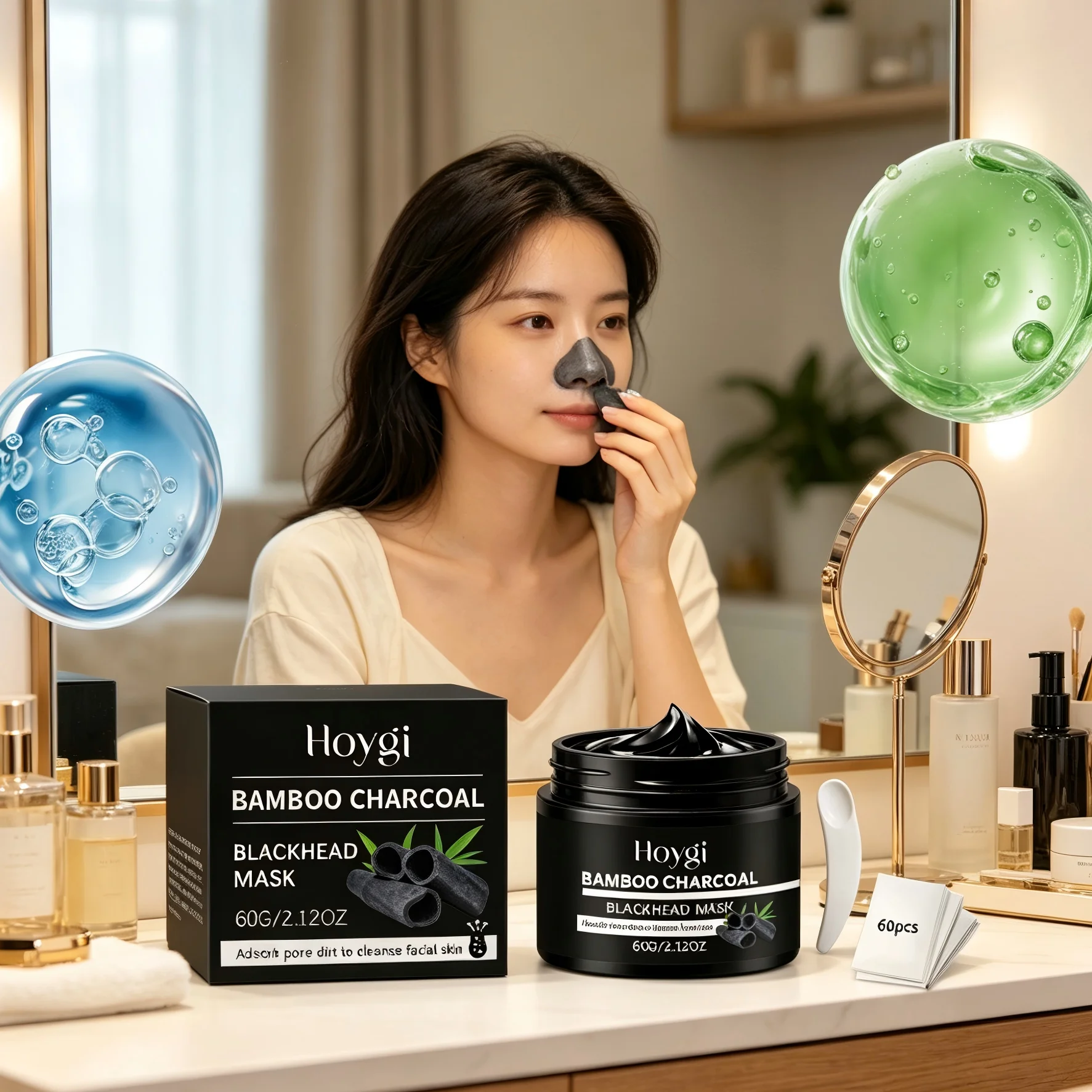 Hoygi Blackhead Remover Mask with Nose Strips Bamboo Charcoal Pore Cleaning Refresh Nicotinamide Brightening Skin Care Products