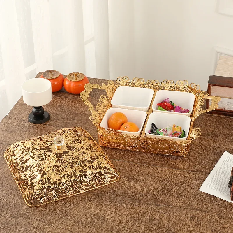 Golden Single Layer Dried Fruit Box European Classical Style Snack Basket with Lid for Hotel KTV Coffee Table Home Decoration