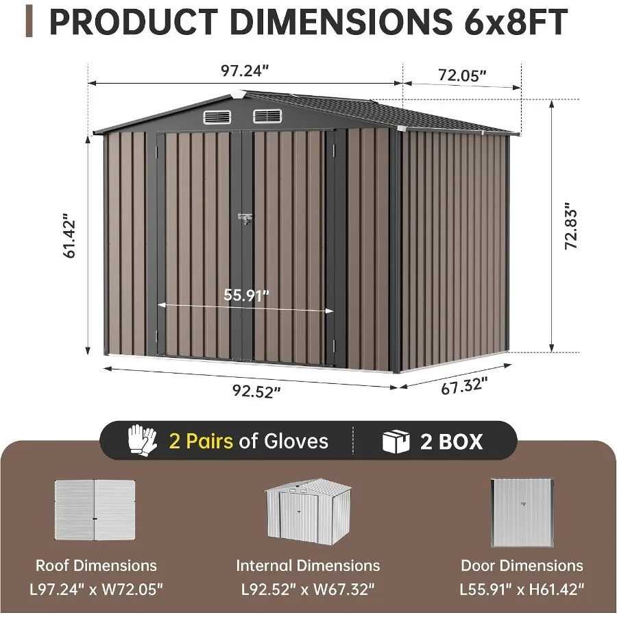Outdoor metal storage shed for backyard patio and lawn use, galvanized steel construction with gray sloping roof, weather-resis