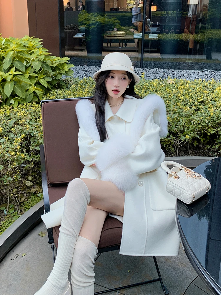 Women Wool Coat With Real Fox Fur Cuff Fashion Long Sleeve Loose Wool blended Jacket Female Outwear