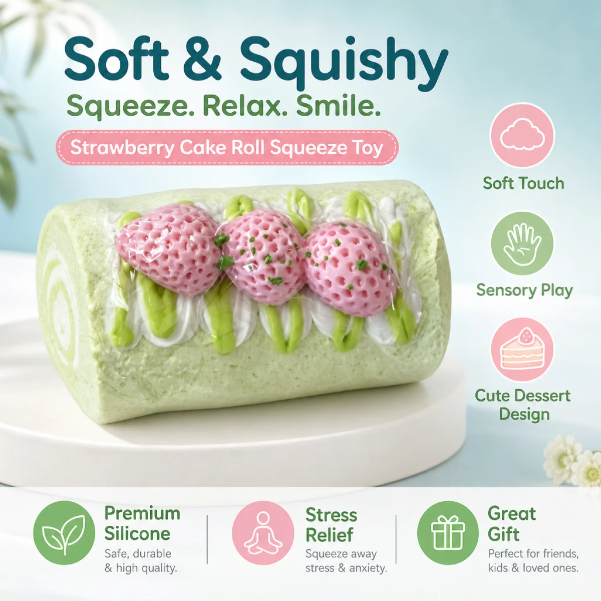 Food Grade Matcha Strawberry Cake Roll Squishy Toy With Three Pink Strawberry Decorations Cream Detail Slow Rebound Soft Squeeze