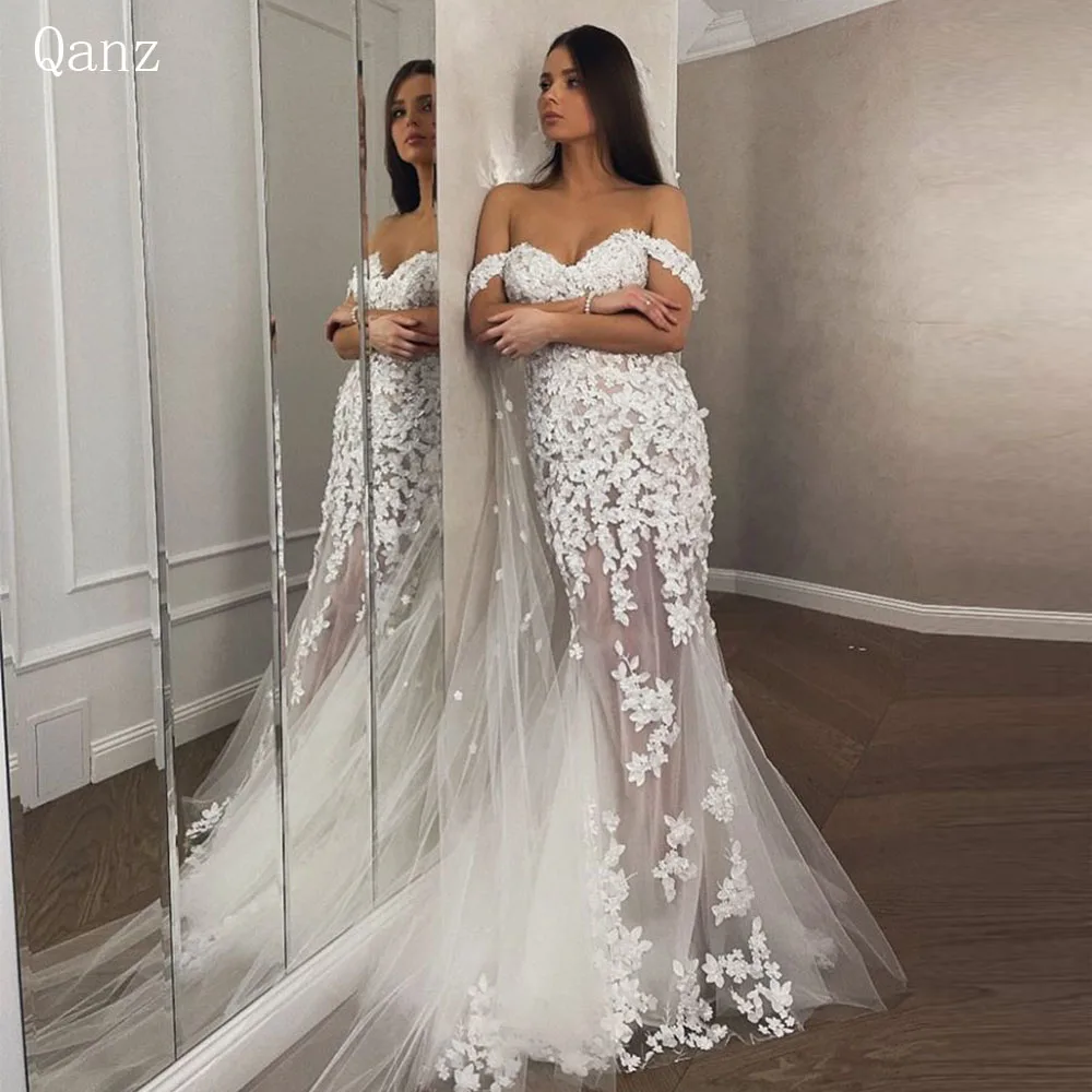 Qanz Tulle Wedding Dresses Off The Shoulder Sweetheart Bridal Gowns Customized Lace Appliques Mermaid Country Vestidos Femenino