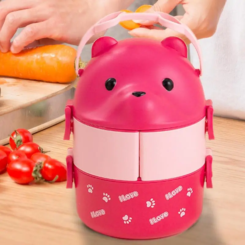 Stackable Bento Box Portable Cute Cartoon Children Lunch Box Double Layer Food Storage Container Eyeglass Bear Thermal Bento Box