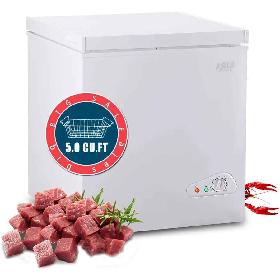 

5.0 Cu.Ft Compact Chest Freezer with Removable Basket and Krib Bling Top Door Design Freestanding Deep Freezer Featuring 7 Gear