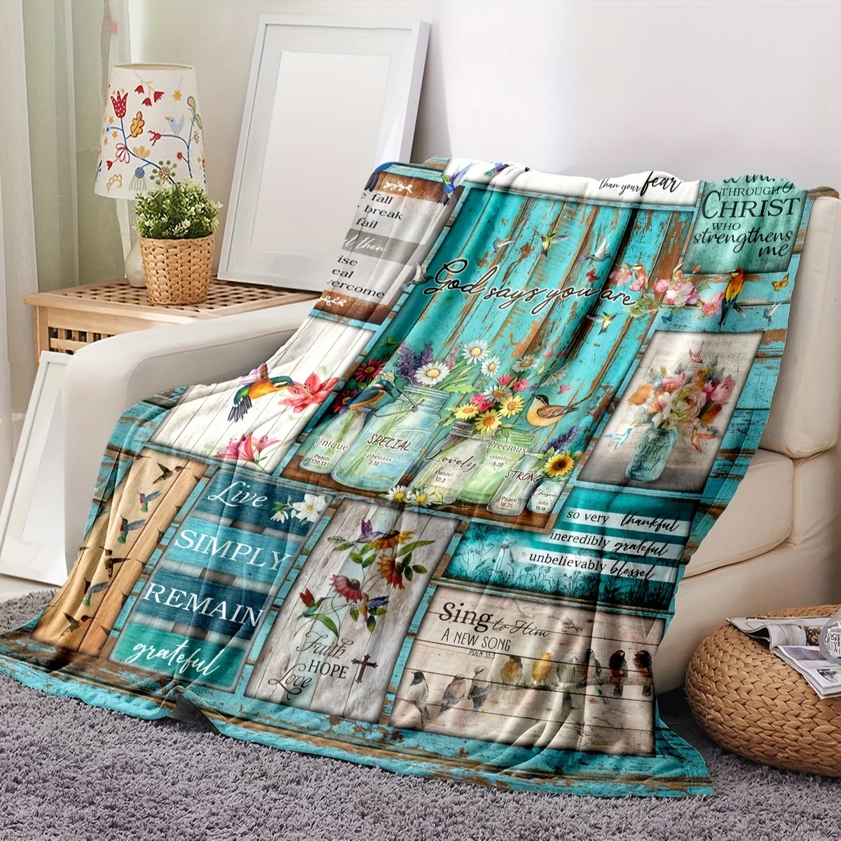 1pc Vintage Flower Bird Pattern Blanket, Flannel Fabric Soft & Warm Blanket For Living Room & Bedroom, Home Decor, Travel