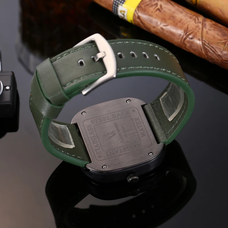 V6 V0291 Men Square Quartz Watch Fashion Green Black Military Sports Creative Leather Strap Wristwatches for Male Boy Clock