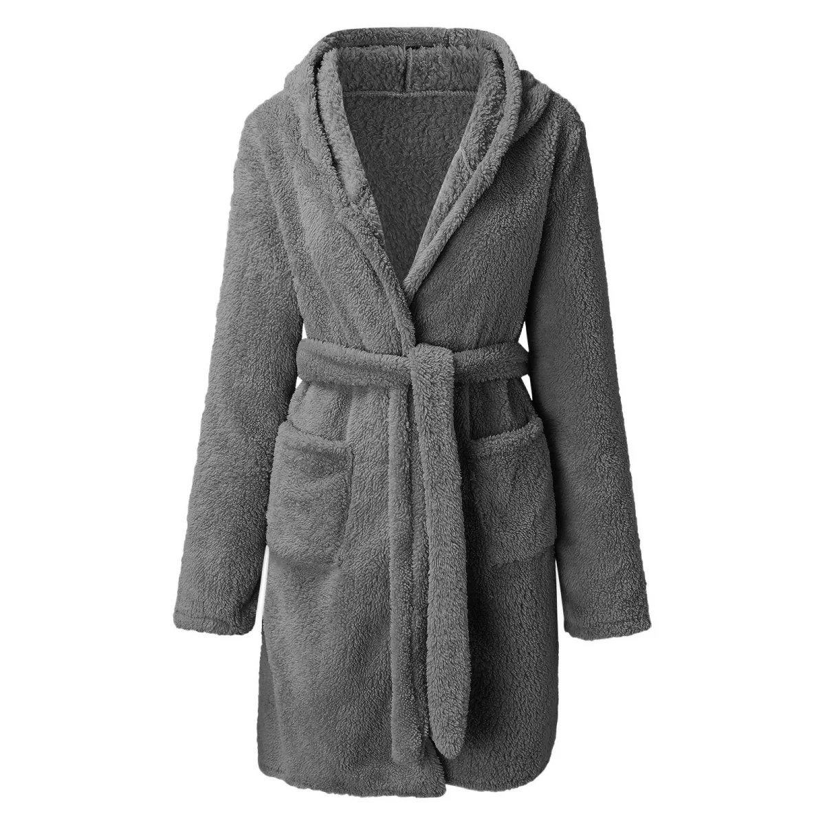 1 piece of hooded home plush pajamas, solid color warm bathrobe