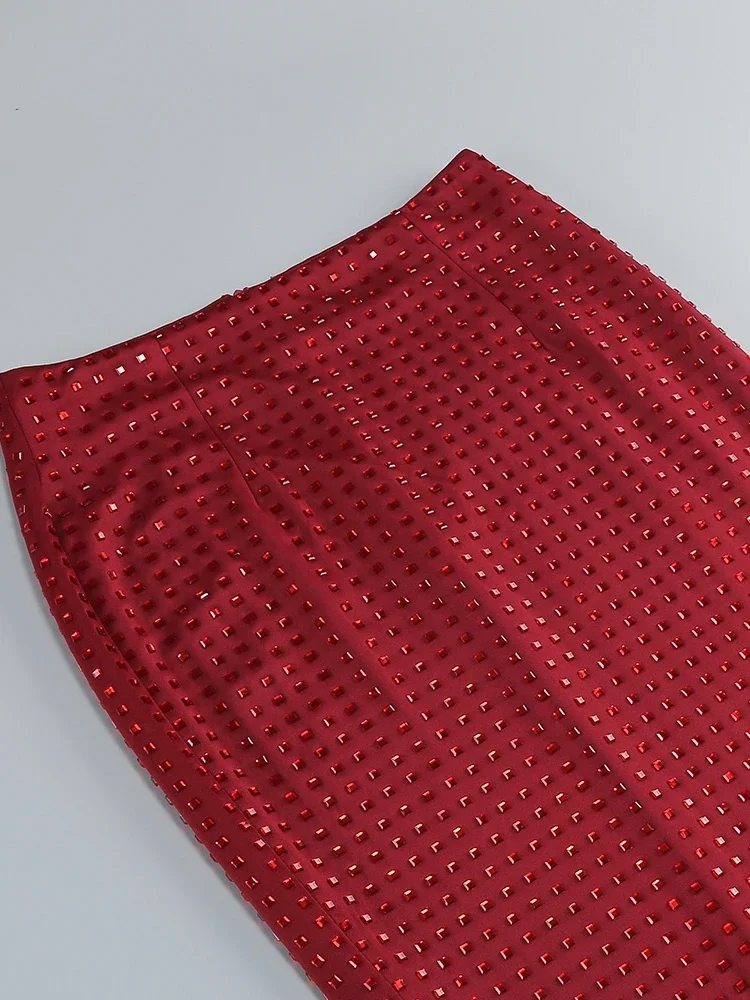 Mulheres diamantes saias finas conjunto de duas peças sexy vinho vermelho sem alças colheita topo + longo fino strass skits ternos festa natal conjunto