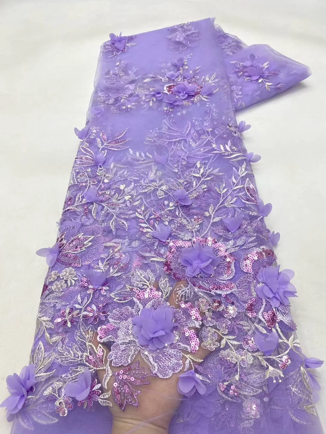 

African Lace Fabric 2025 High Quality French 3D Flower Sequins Embroidery Beads Tulle Lace Fabric For Party Dress