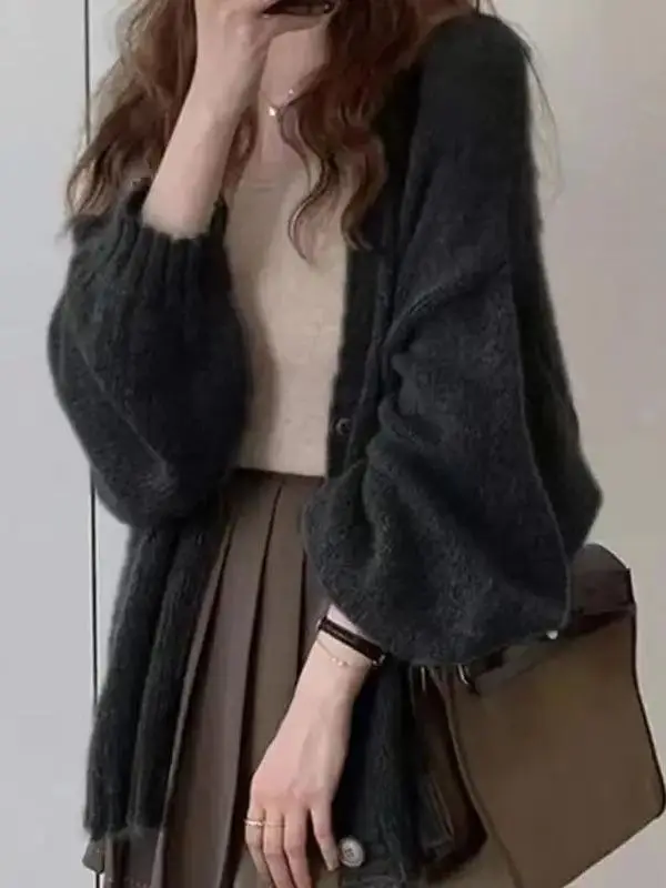 Retro Women's Open Cardigan Sweater Thickened Knitted Outerwear Autumn Winter Loose Fit Casual Style Pure Online Exclusive
