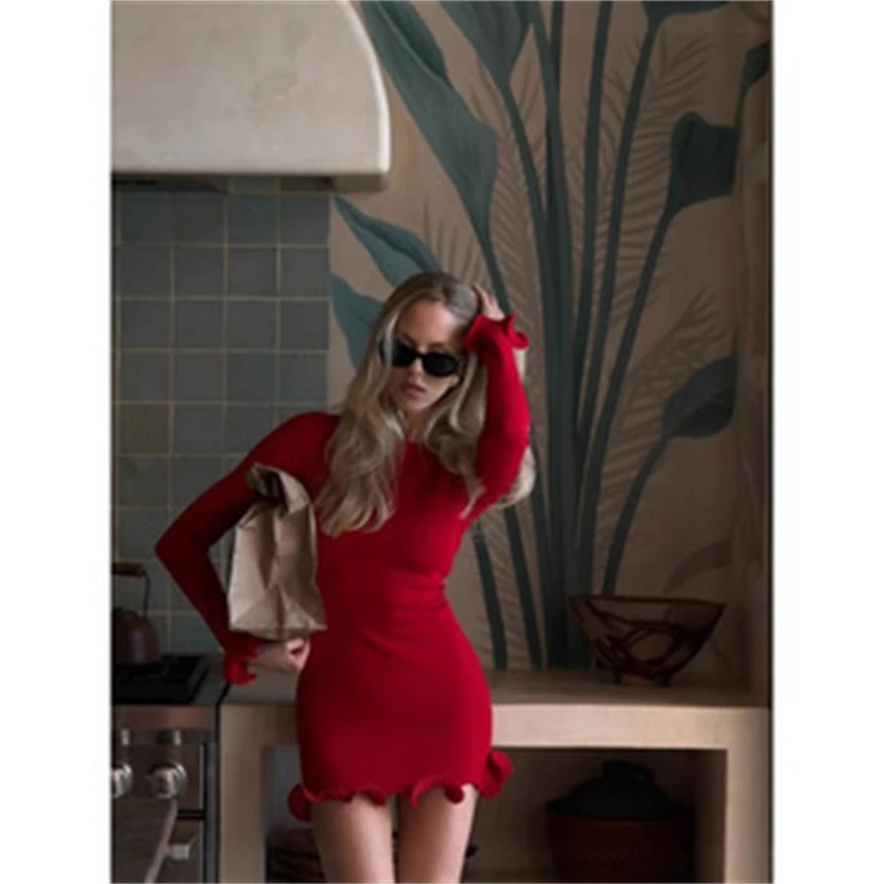 

Women Long Sleeve Knit Dress Ruffle Trim Slim Waist Casual Short Dress Round Neck Elegant Summer Outfit For Young Ladies