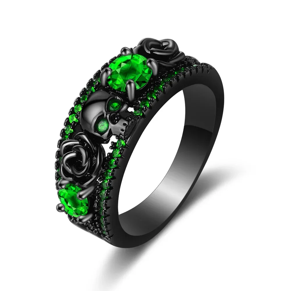 Retro punk skull flower electroplating gun black inlaid with red, blue, green zircon rings