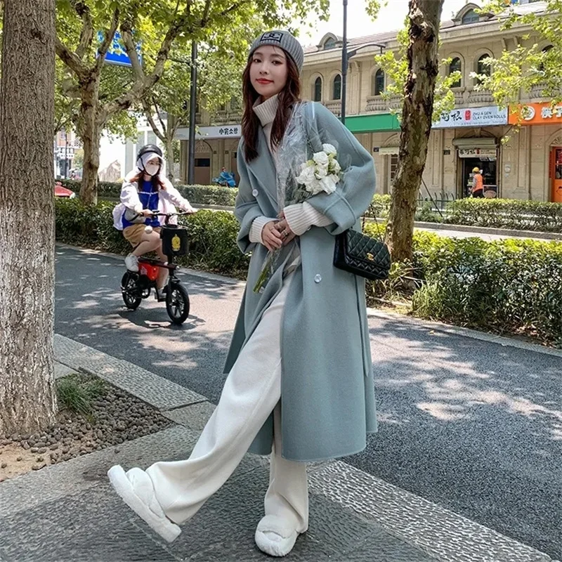 

2025 Long Wool Coats Women Midi Waist Lace Up Belt Blends Splice Full Sleeve Cardigan Solid Thick Warm Jackets Straight Winter