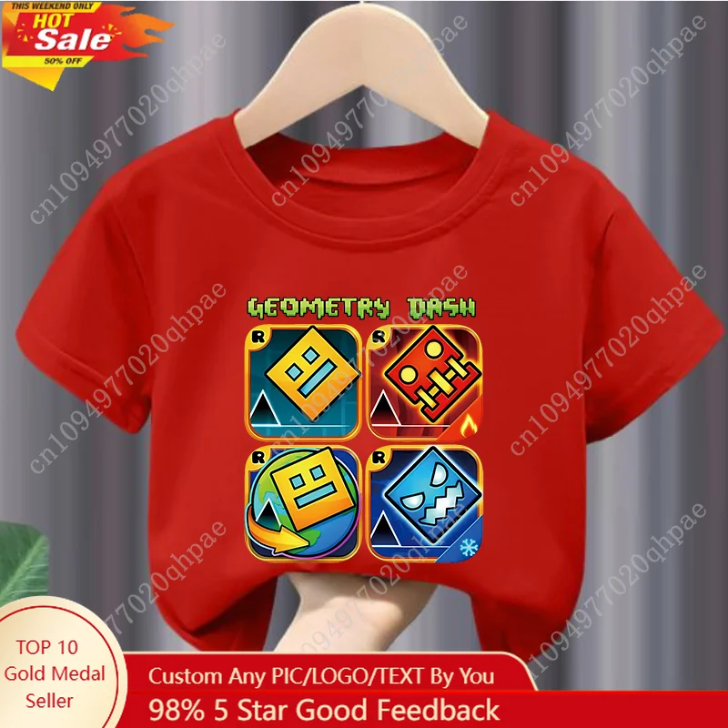 

Stylish Cartoon Geometry Dash Graphic Print Casual and Comfortable Crew-neck Short Sleeve T-shirt Kids Girls Clothes Tops Boys