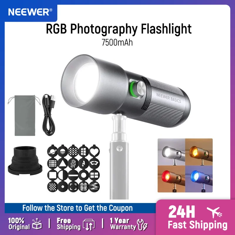 NEEWER BASICS FL10 LED 사진 손전등, 4가지 색상/20 고보 필터/7500mAh, 10W 휴대용 LED 비디오 스포트라이트