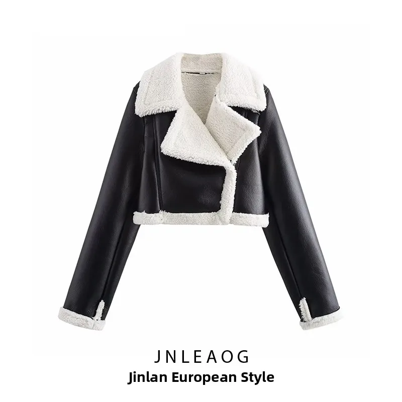 เสื้อแจ็คเก็ตแฟชั่นผู้หญิง JNLEAOG แบบนักขี่มอเตอร์ไซค์ ทำจากวัสดุหนังเทียมขนสังเคราะห์ ปิดด้วยซิป ทรงเข้ารูป ผลิตจากผ้าโพลีเอสเตอร์