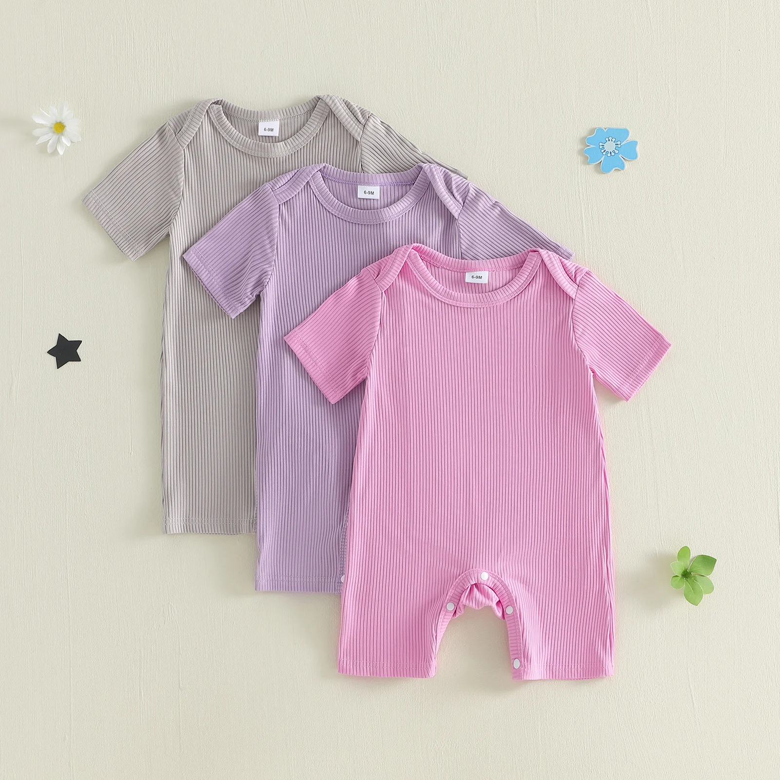 

3Pcs Baby Boy Girl Romper Set Summer Crew Neck Short Sleeve Solid Color Ribbed Jumpsuit Outfit for Infants