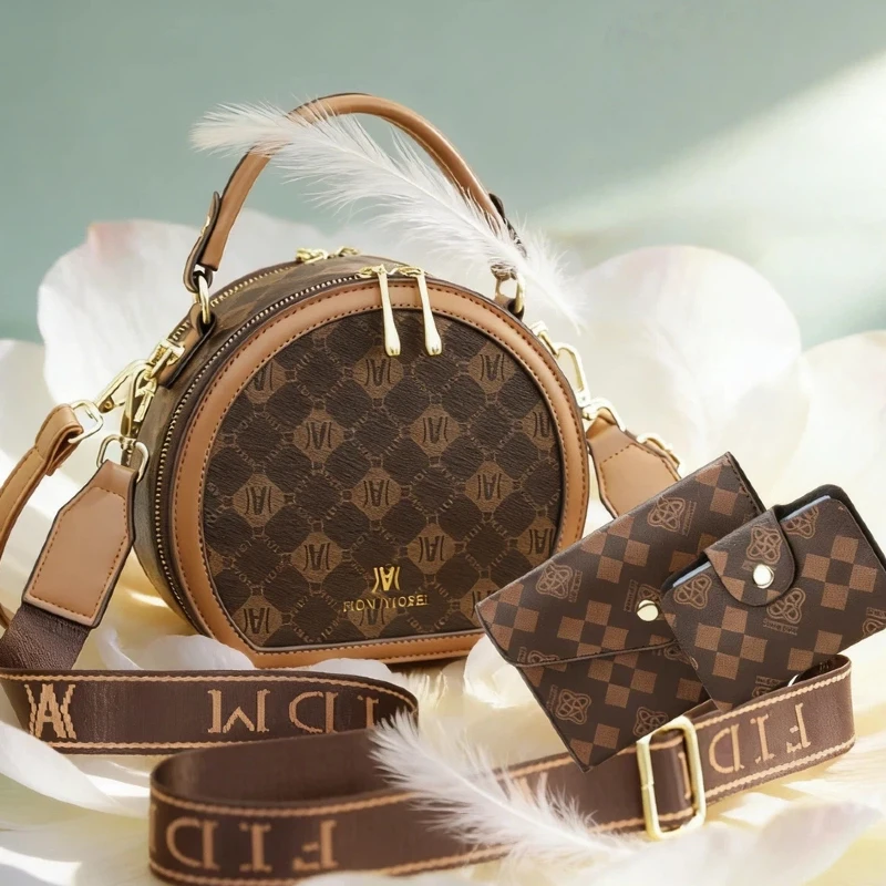 Round messenger bag for women, wide shoulder strap small bag, fashionable handbag, classic printed bag, travel bag, beautiful ba