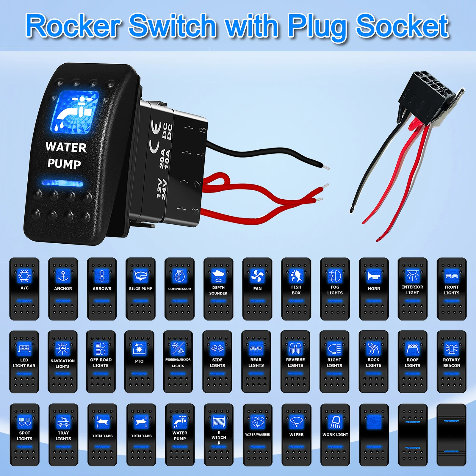 BANDC Blue Led Water Pump Rocker Switch with Plug Socket 5Pins / 7Pins Toggle Switch for Carling Car RV Marine Dash Panel Boat