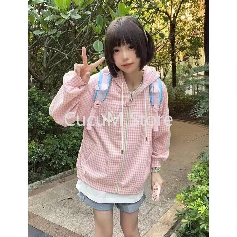 2024 New Fashion Sweet Strawberry Cake Jackets New Long Sleeve Zipper Hoodie Tops Y2k Kpop Pink Plaid Heart Coat Women